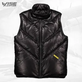 Men's V-Series Black Leather Bomber Vest with Fox Collar