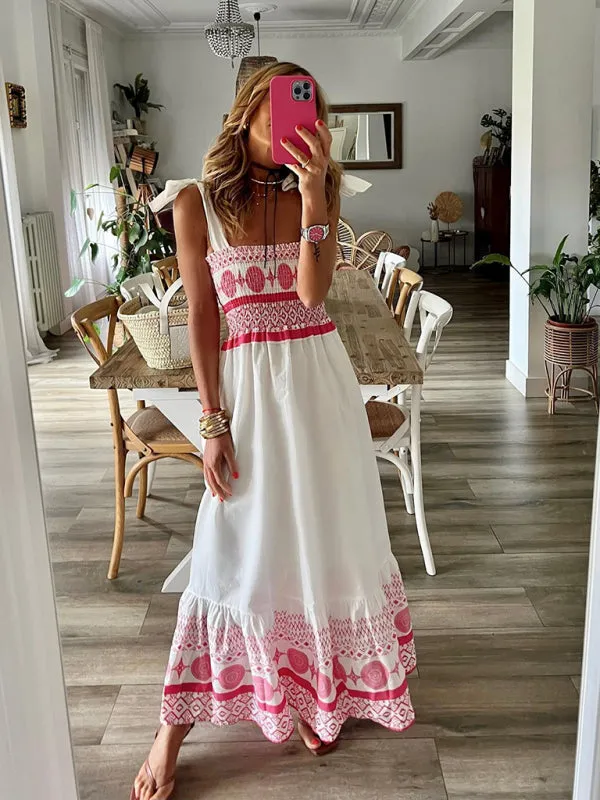 New Tie Printed Sweet Elastic Bohemian Maxi Dress