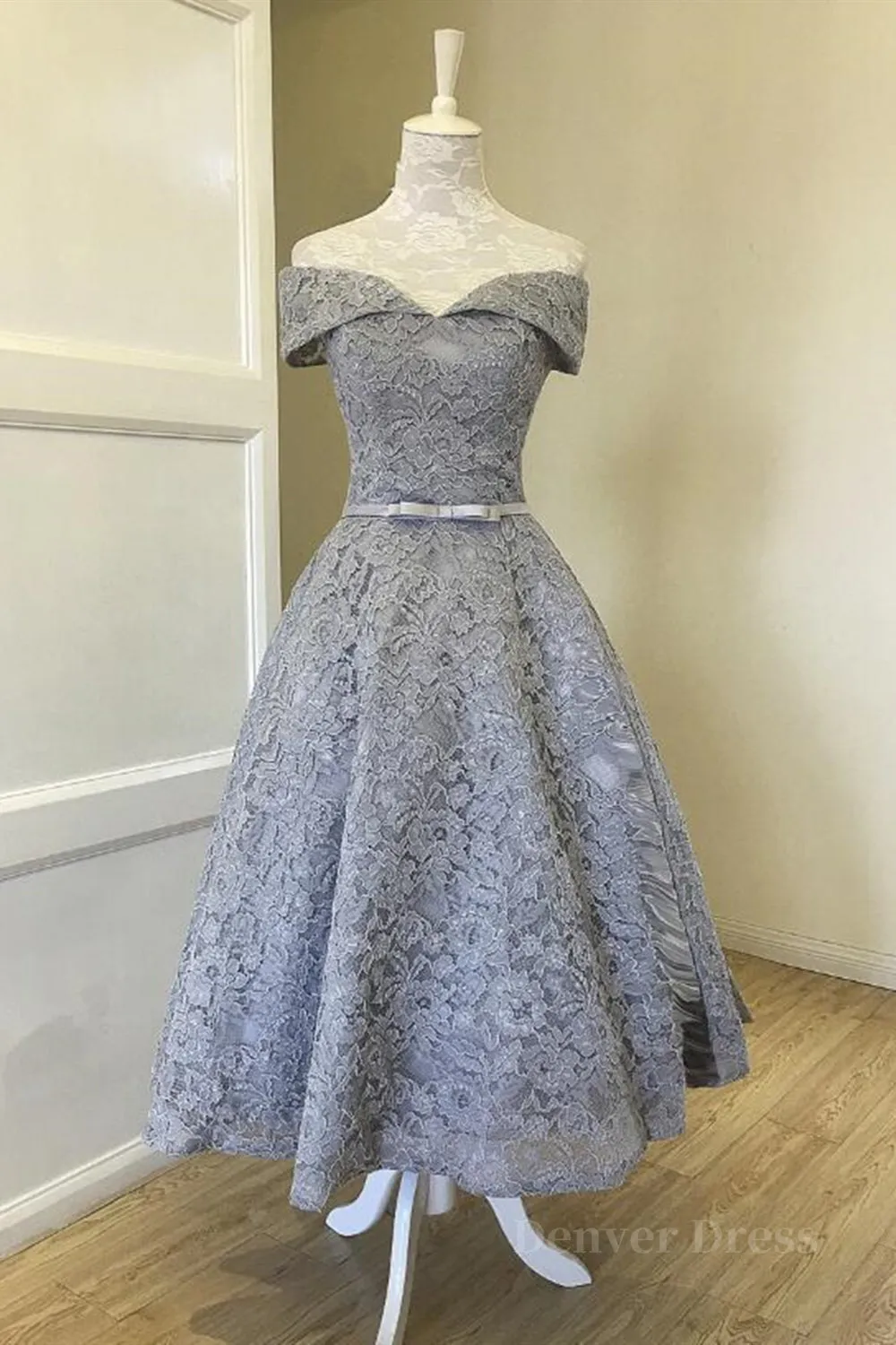 Off Shoulder Tea Length Gray Lace Prom Dresses Off the Shoulder Gray Homecoming Dresses Gray Lace Formal Evening Dresses