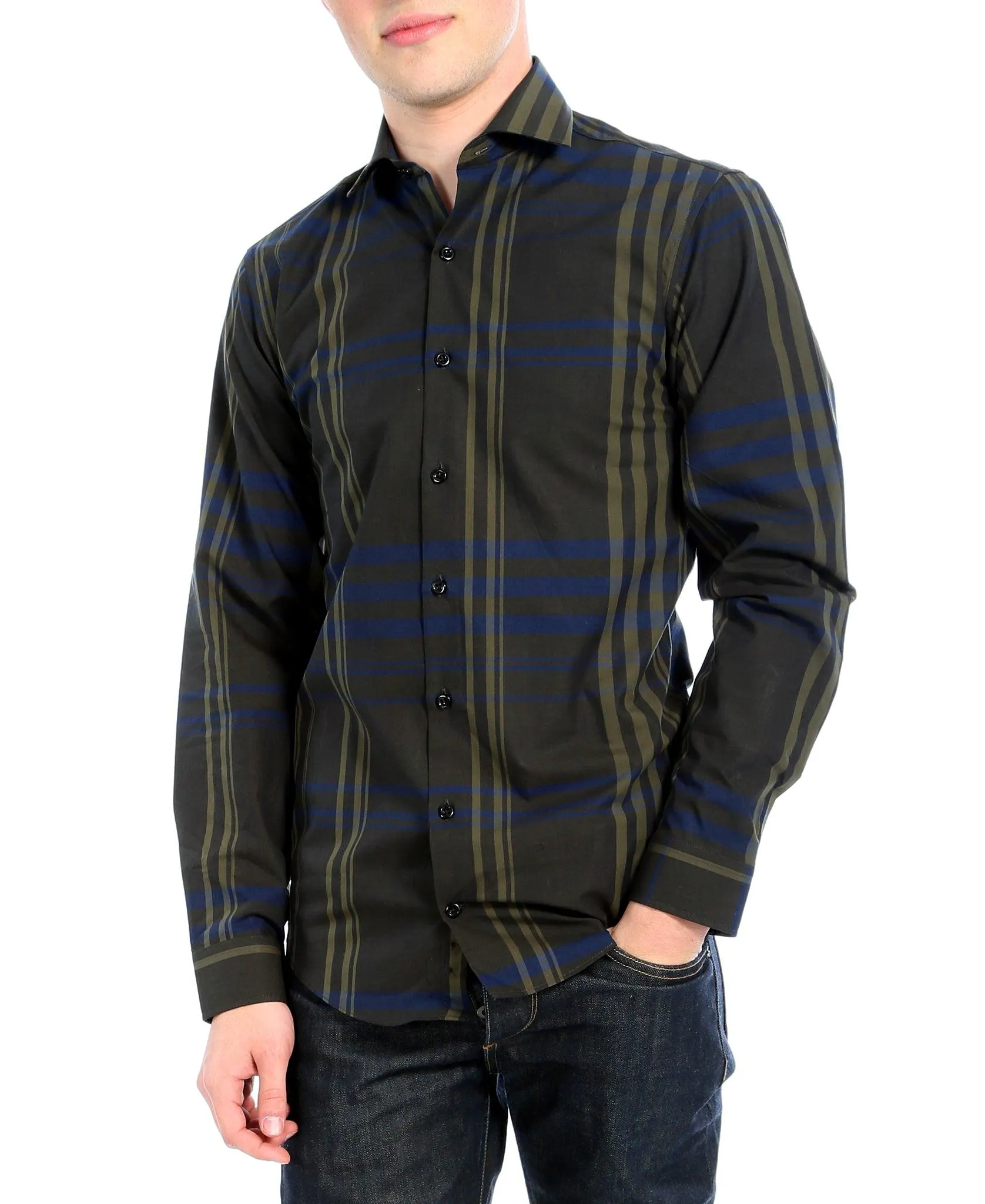 Olive Striped Slim Fit Casual Shirt - Jasper