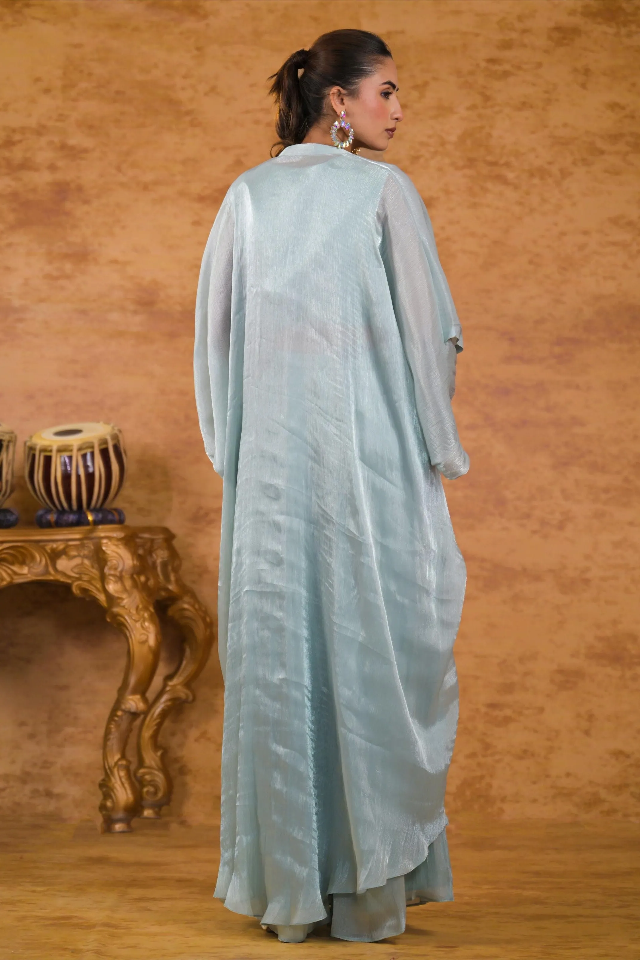 Pale Teal Premium Silk Draped Shrug With Palazzo