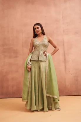 Pistachio Green Hand Embroidered Georgette Silk Palazzo Set