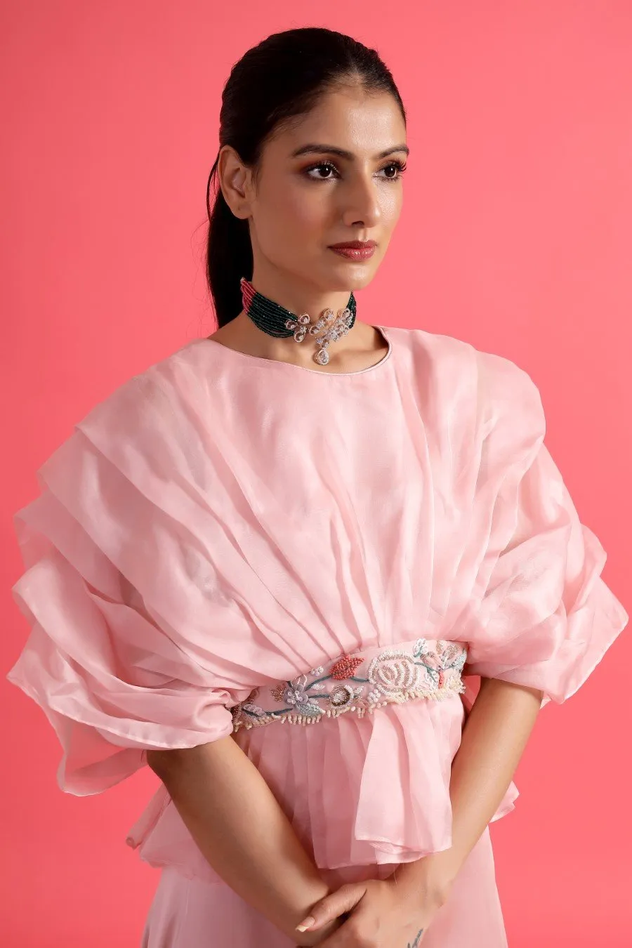 Quartz Pink Pleated Top with Flared Palazzo