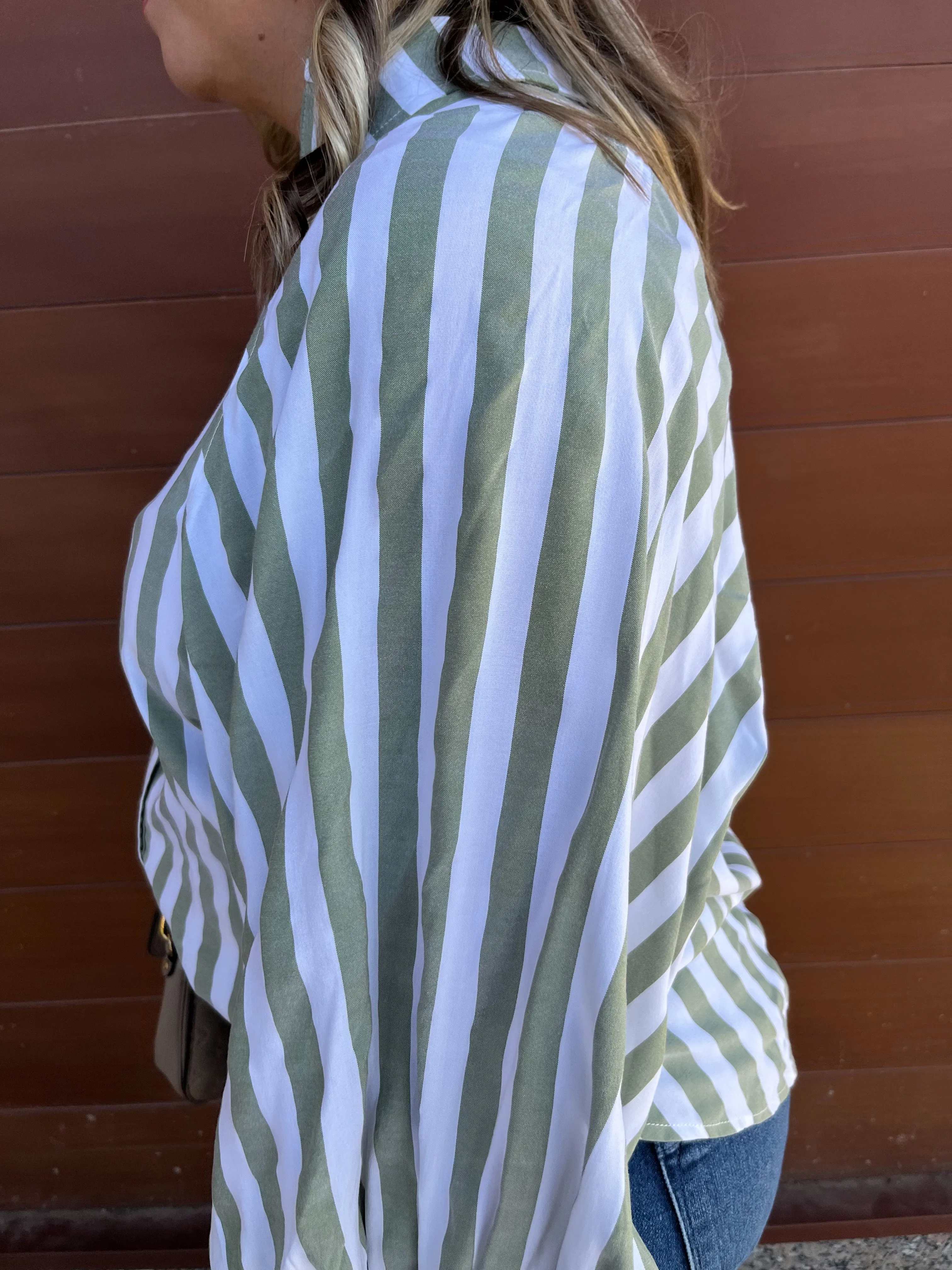 Stripe Long Sleeve Button Down Top - Olive