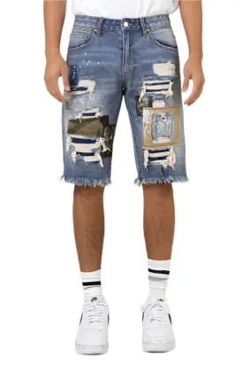 TEEK - Medium Sand Tint Camo & Twill Rip & Repaired Denim Shorts